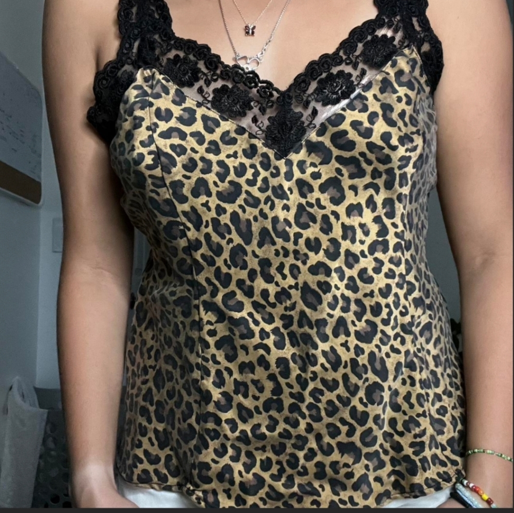 Silkscreen Silk Leopard Print Satin with Lace Trim Cami